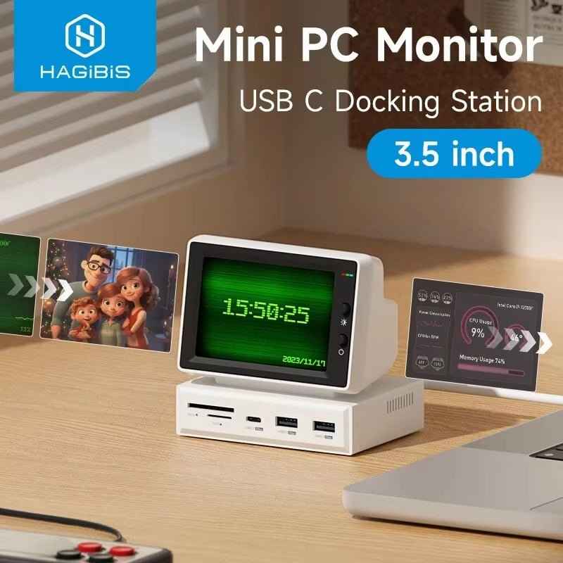 3.5Inch IPS Mini Screen AIDA64 Mini PC CPU RAM HDD Data Monitor Display Sub Screen with USB C Hub for Laptop PC Macbook