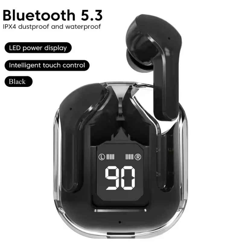 CrystalBeats BT30: Transparent TWS Bluetooth 5.3 Earbuds with Digital Display & Noise Canceling