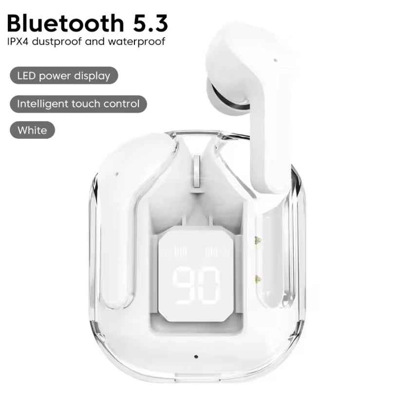 CrystalBeats BT30: Transparent TWS Bluetooth 5.3 Earbuds with Digital Display & Noise Canceling