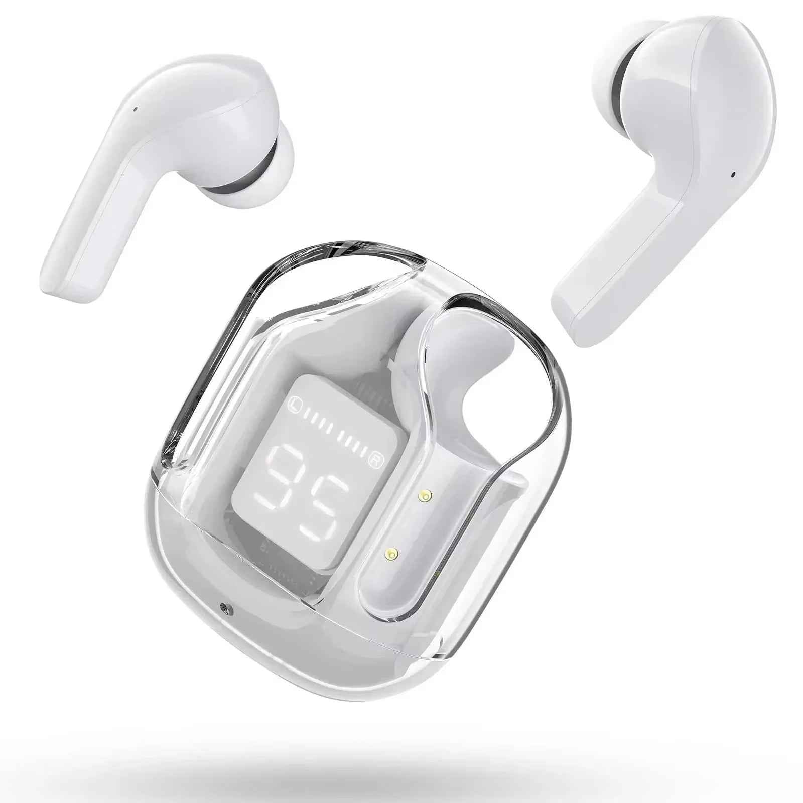 CrystalBeats BT30: Transparent TWS Bluetooth 5.3 Earbuds with Digital Display & Noise Canceling