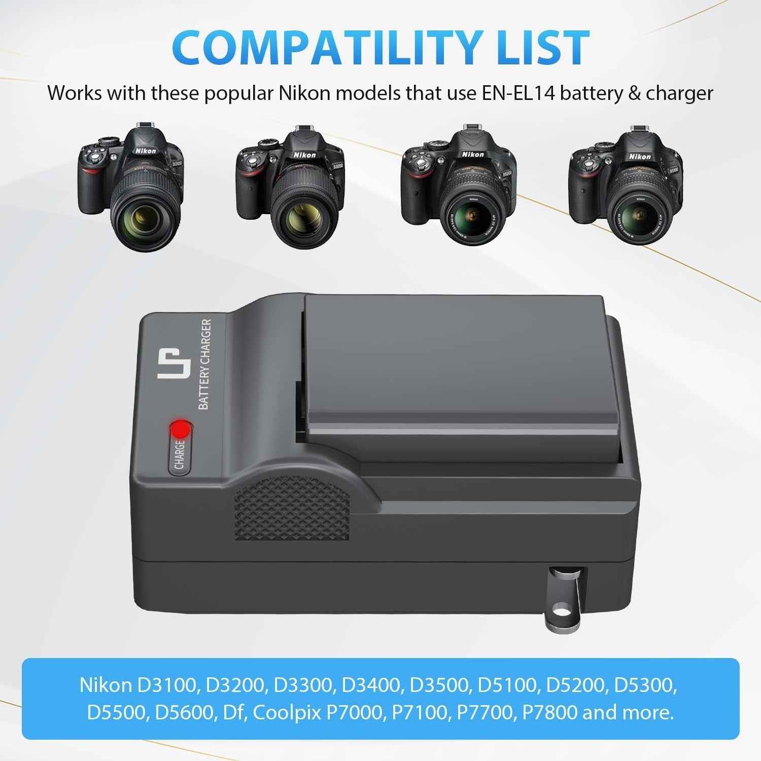 EN-EL14 EN El14A Battery Charger Pack,  Charger Compatible with Nikon D3500, D5600, D3300, D5100, D5500, D3100, D3200, D5200, D5300, D3400, DF, Cooix P7000, P7100, P7700, P7800 Cameras & More