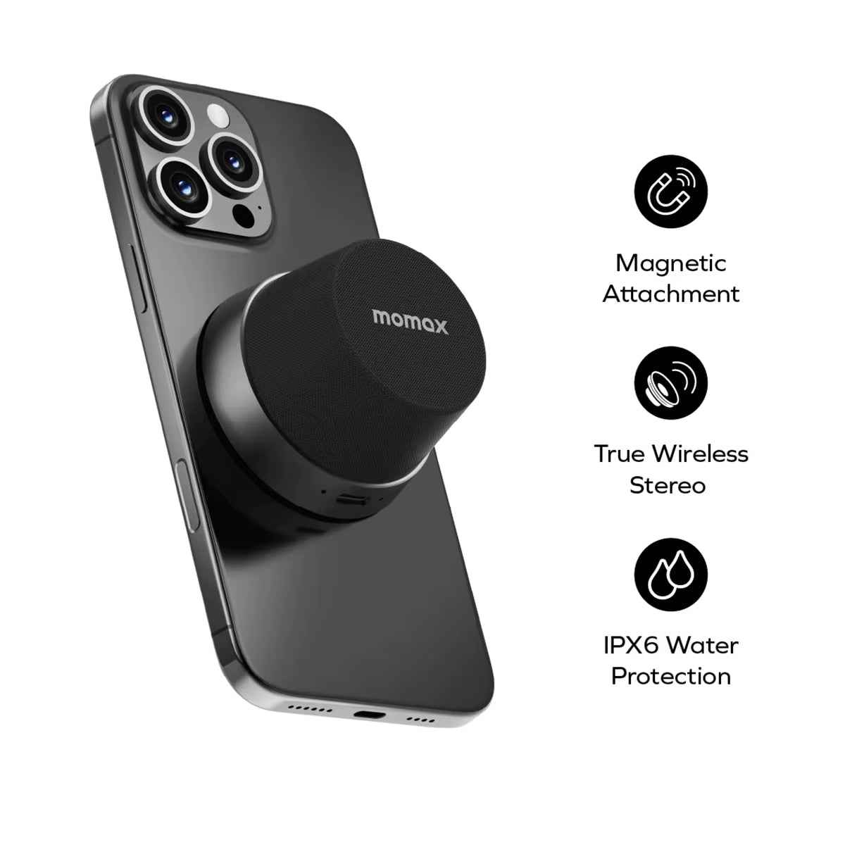 MOMAX 1-Vibe Go: Magnetic Wireless Speaker & Phone Stand with IPX6 Waterproof Protection