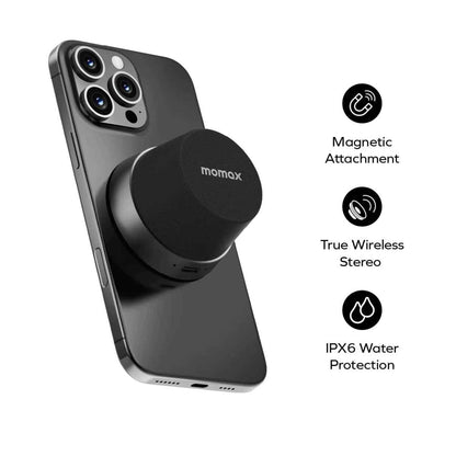 MOMAX 1-Vibe Go: Magnetic Wireless Speaker & Phone Stand with IPX6 Waterproof Protection