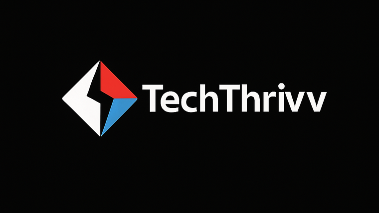 TechThrivv white logo with red and blue lightning icon on black background — Smart Tech, Fast Shipping.