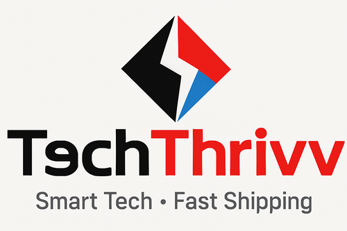 TechThrivv logo in black and red with blue lightning accent — modern tech store for gadgets, accessories, and creator tools.